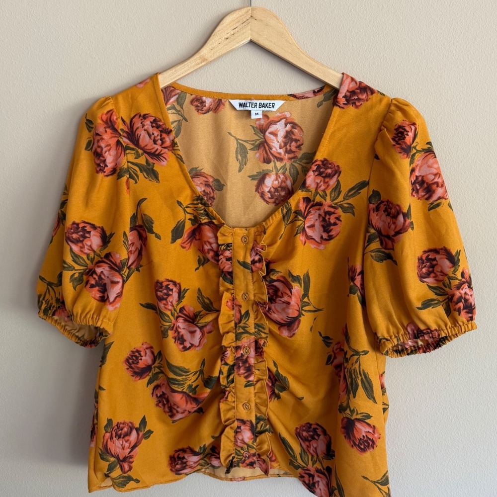 Walter Baker Mustard Yellow Floral Ruffle Puff Sleeve V-Neck Blouse Top Size M
